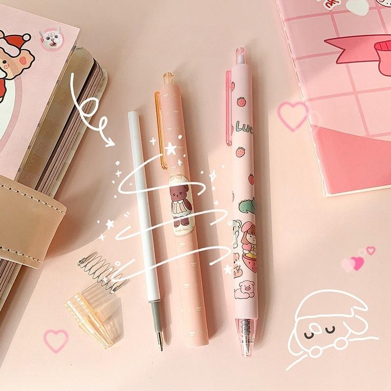 4Pcs Cute Cartoon Design Ballpoint Pen 0.5mm Writing Neutral Pen Press Type Rollerball Pen Learning Office Supplies