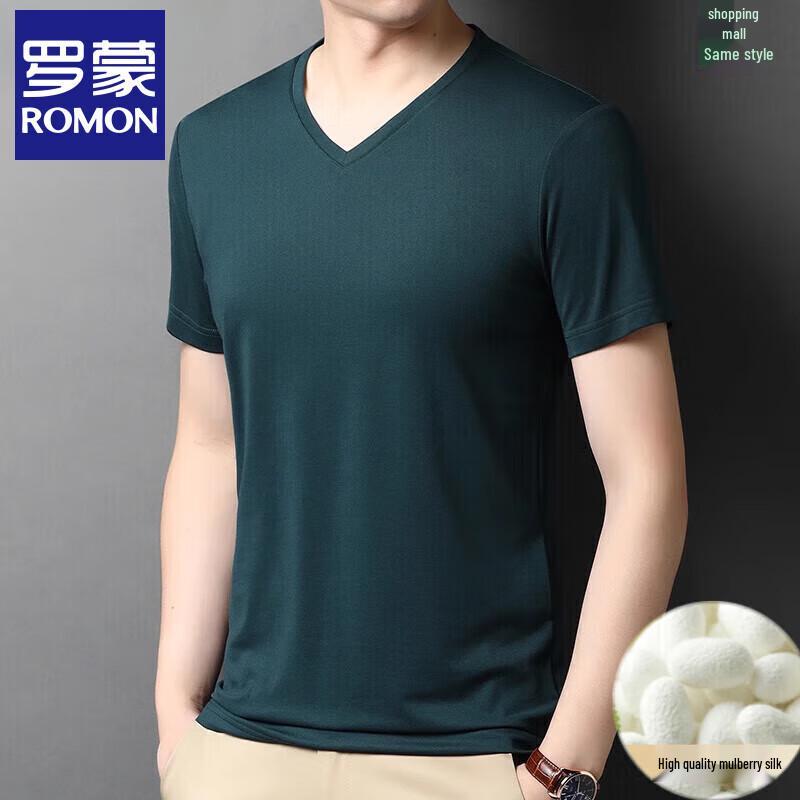 Romon Men's Summer V-Neck Short Sleeve T-Shirt with Mulberry Silk Blend