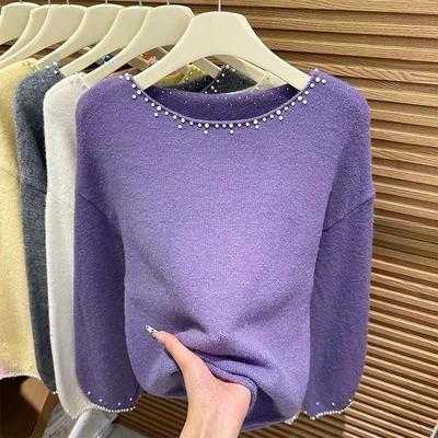 Autumn Winter Women's Beaded Crew Neck Sweater Loose Solid Color Stretchy Pullover Knit Top