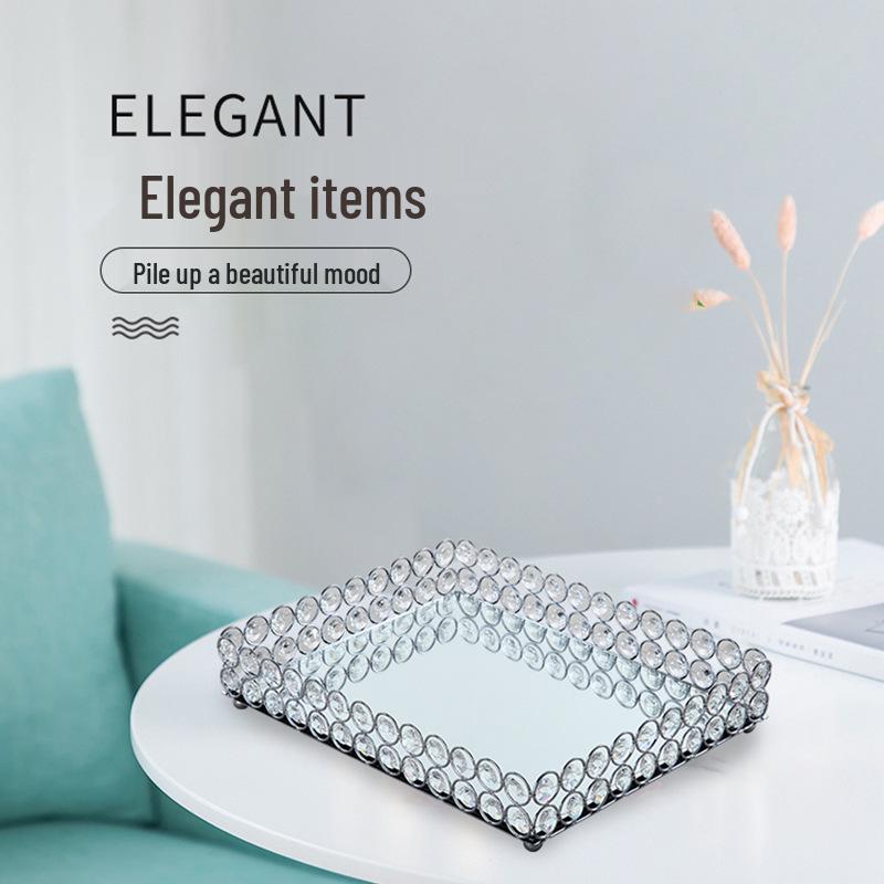 Tavă Oglindă Cristal Elegantă: Ornament de birou, Farfurie cu fructe, Suport metalic de depozitare pentru tort, Recuzită de nuntă, Tava de ceai, Farfurie pentru ceașcă.