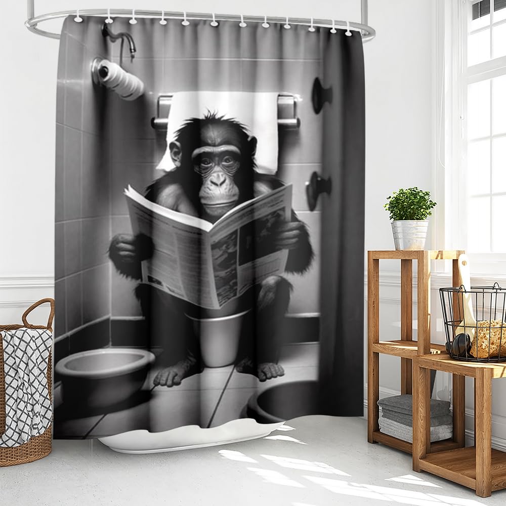 Humorous Doberman Toilet Shower Curtain, Doberman Pcher Reading Newspaper On Toilet, Waterproof Fabric Bath Curtain