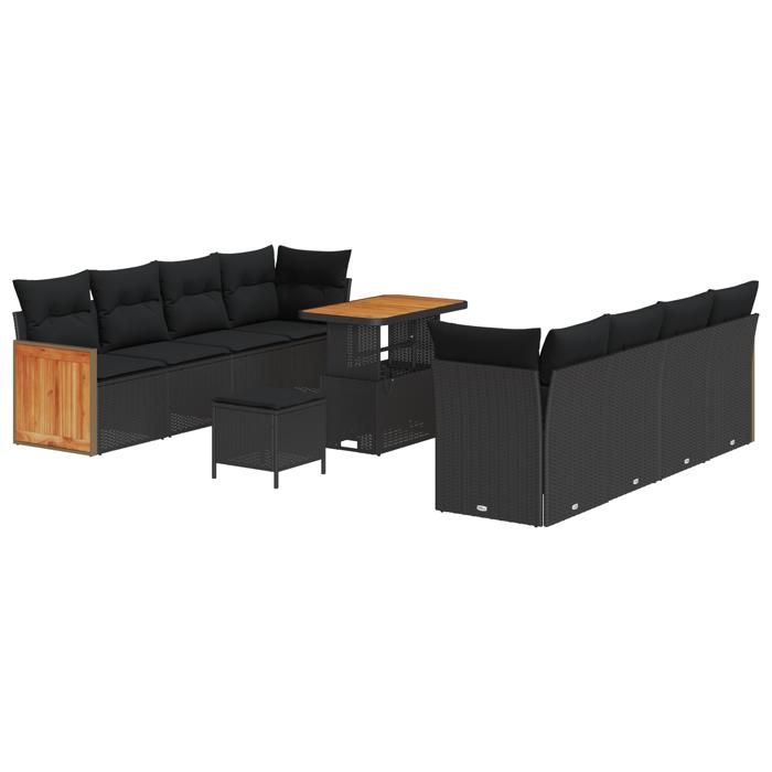 Ensemble de canapé de jardin 11 pièces vidaXL avec coussins Noir Poly Rotin Acacia 3363279