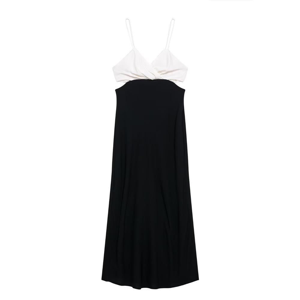 

2025 Spring Women s Slim V-Neck Patchwork Midi Dress Large чёрный