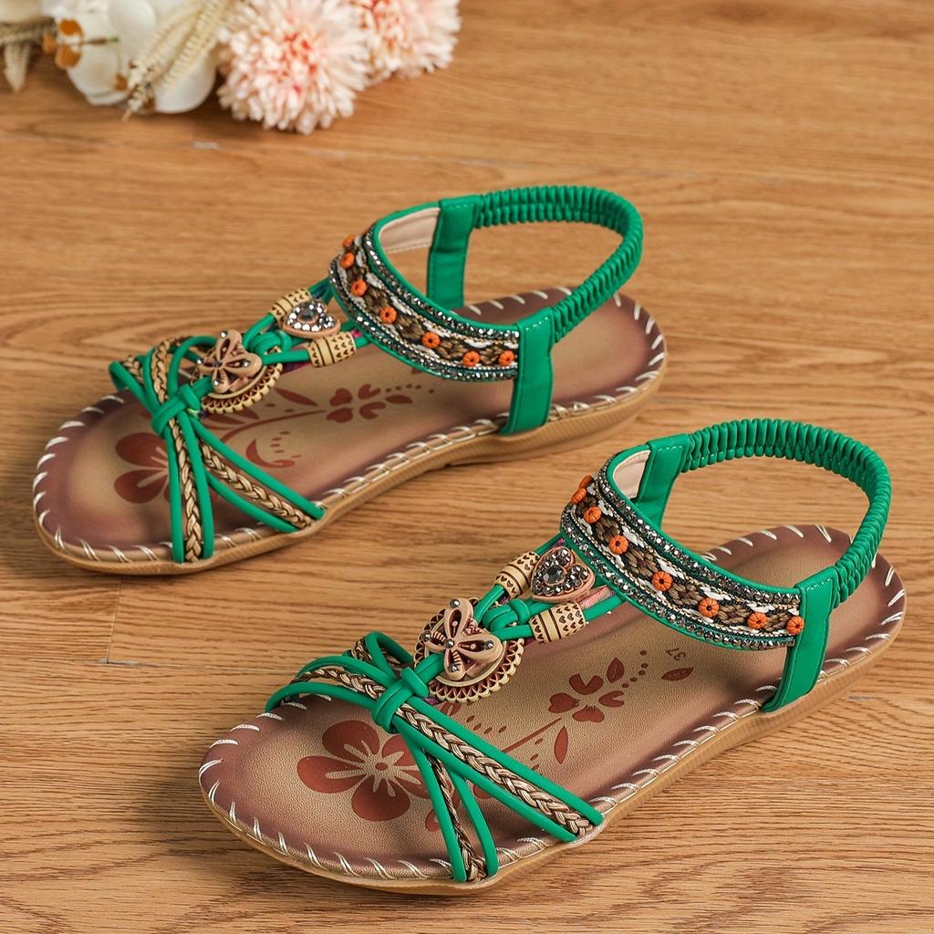 Fashion Bohemian Spring 2025 New Large Size Flat Flower Rhinestone Sandals Open-toed Beach Ladies Sandals