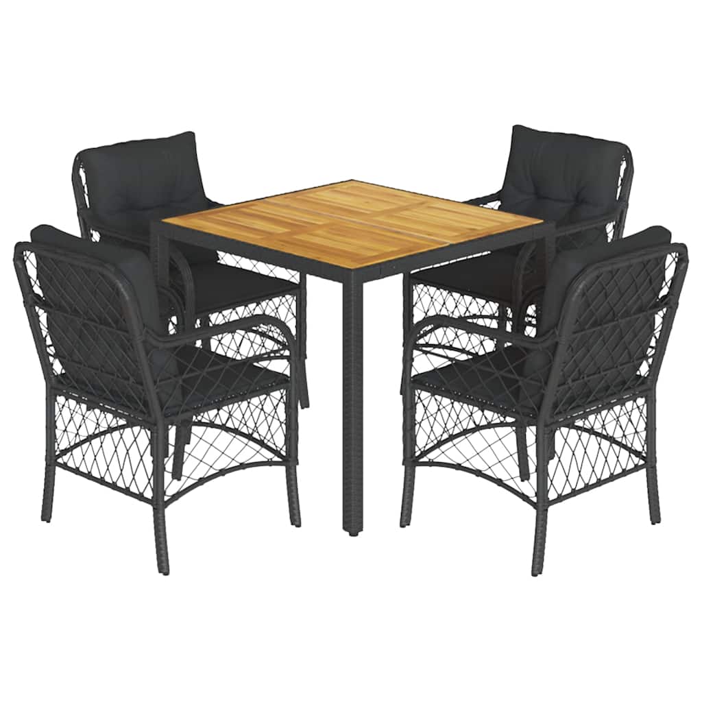 5 Piece Outdoor Dining Set with Cushions Black Poly Rattan