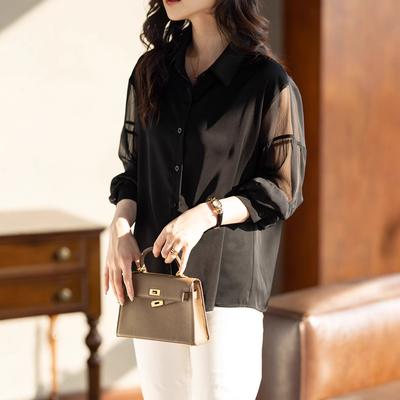 French Black Long-sleeved Chiffon Shirt for Women In Spring New High-end Style Shirt Loose and Fashionable Top
