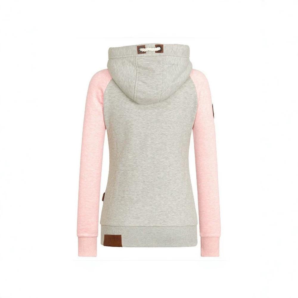 WX018915 2026 Spring Autumn Women Color Block Hooded Zip Up Sweatshirt Leather Patch Raglan Sleeve Fleece Casual Hoodie Jacket