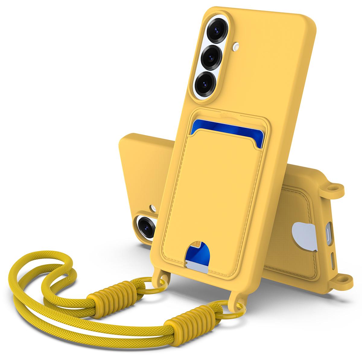For Samsung Galaxy S26+ Liquid Silicone Case Phone Back Cover with Card Holder and Short Strap