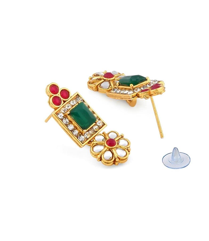 Green & Pink Stones Ethnic Collar Bone Necklace Earring & Ring Set For Women