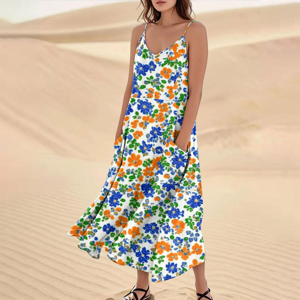 Women's Fashion Casual Floral Print Sleeveless Pocket Long Beach Dress