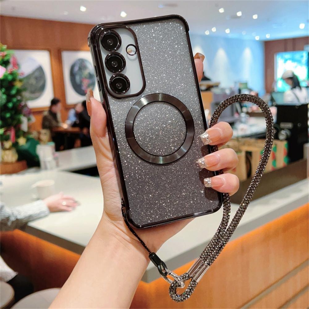 

For Samsung Galaxy S25+ Magnetic Case Electroplated Gradient Glitter Phone Cover with Lanyard D