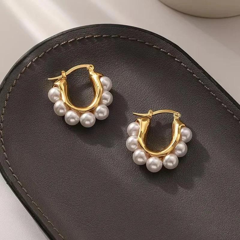 U-shaped Hoop Earrings Gold Color Stylish Elegant Imitation Pearl Earrings Wedding Party Girls Luxury Accessories Women's Gifts