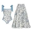 New Double-Sided European & American Chiffon Print Swimsuit Set: Women's One-Piece with Conservative Wrap Skirt