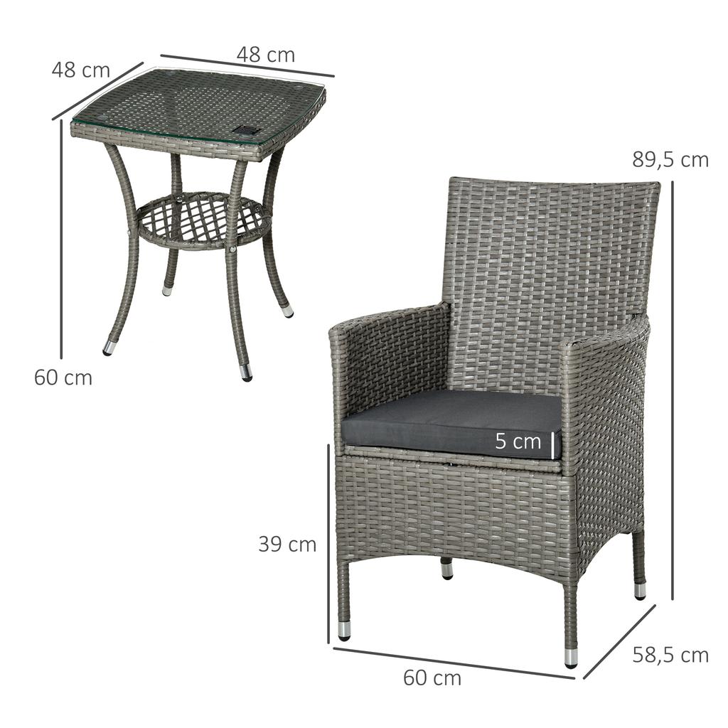 Poly Rattan Garden Furniture Set, Outdoor Lounge Balcony Furniture for 2 People, 3-Piece Seating Group, 2 Chairs, Table, Seat Cushions