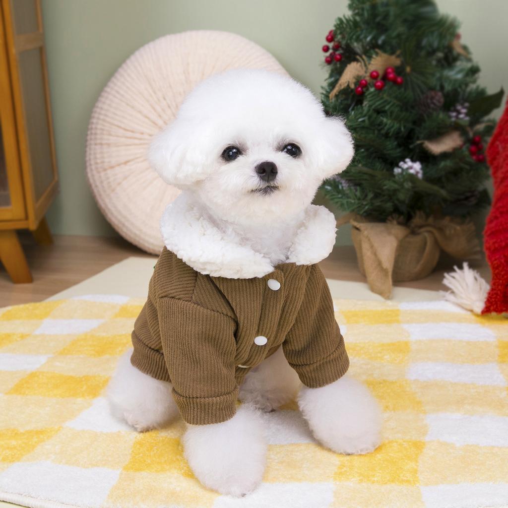 Christmas Corduroy Thickened Warm Small Breed Dog Clothes with Harness Compatible Teddy Bichon Pet Apparel for Winter Holiday