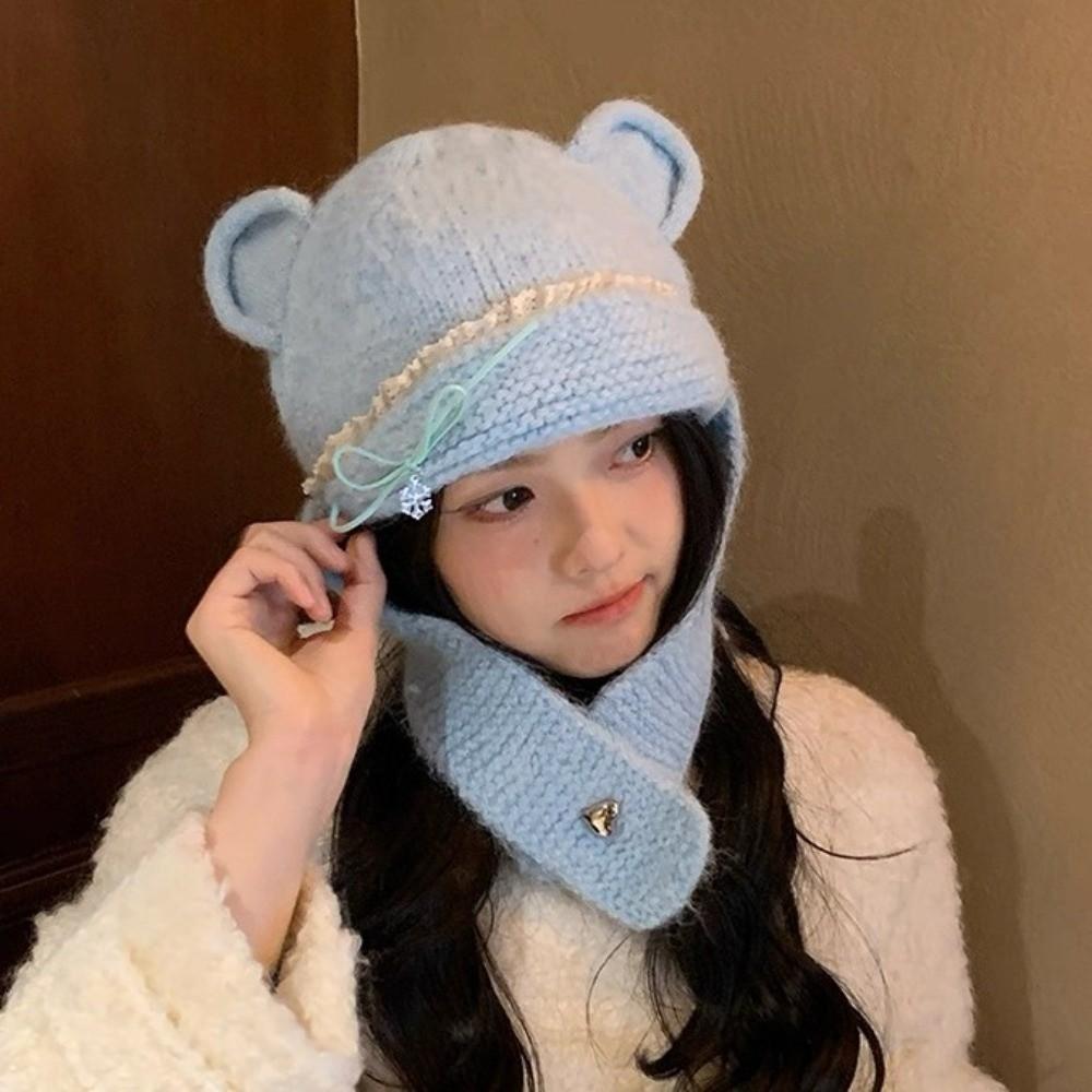 Sweet Neck Collar Beanies Cap Bow Pullover Cap Fashion Bear Ear Knitted Hat Autumn