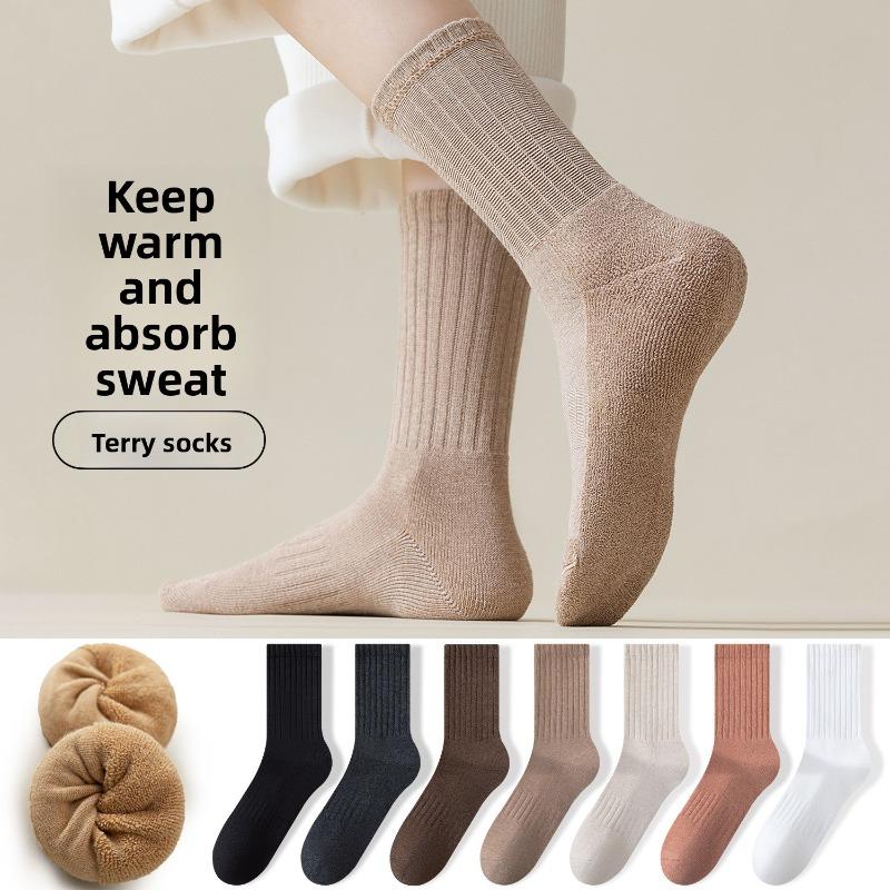 Female Autumn and Winter Hair Ring Pure Color Cold Thickened Warm 10A Anti Bacterial Anti Odor Socks