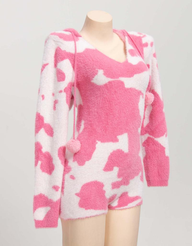 Mobbunny Piękny Cosplay Uroczy Strój Mleczarki Długi Różowy Kostium Damski, Anime/Gra/Odzież Domowa/Piżama, Body, Trykot, Bluza z Kapturem, Dekolt w Serek w Stylu Krowim,