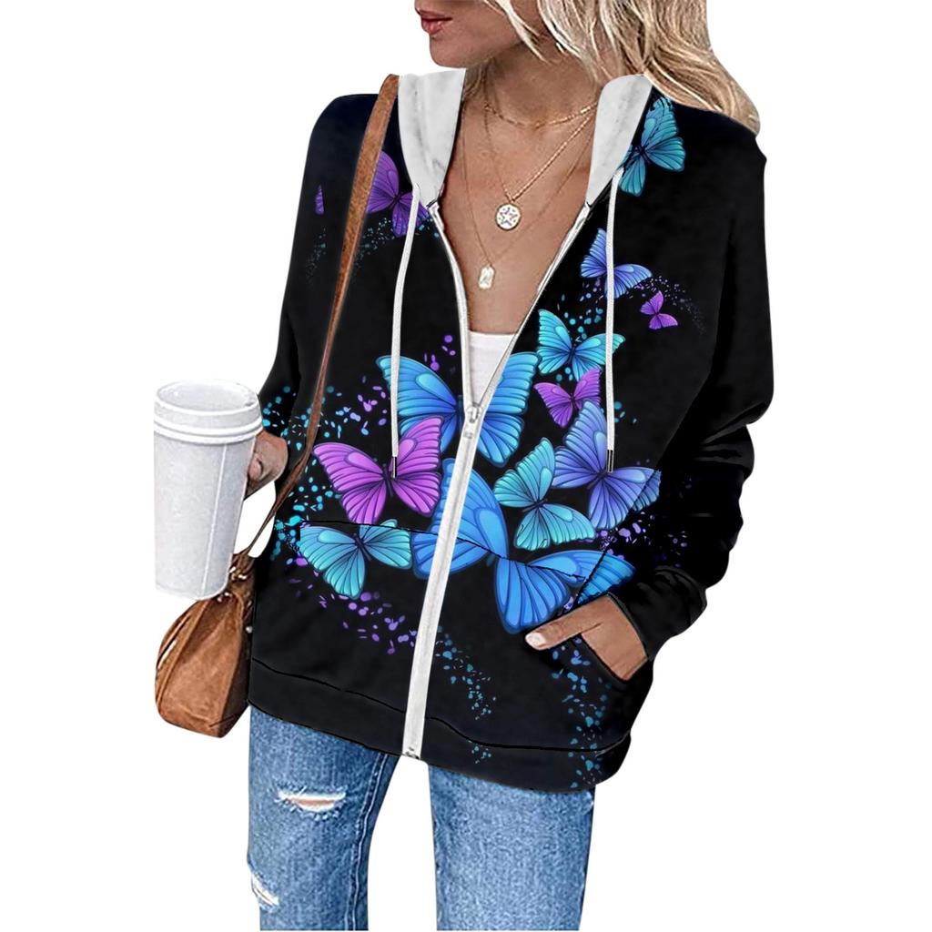 Damen Casual Fashion Bedruckter Langarm Pullover Hoodies Reißverschluss Sweatshirts Mantel