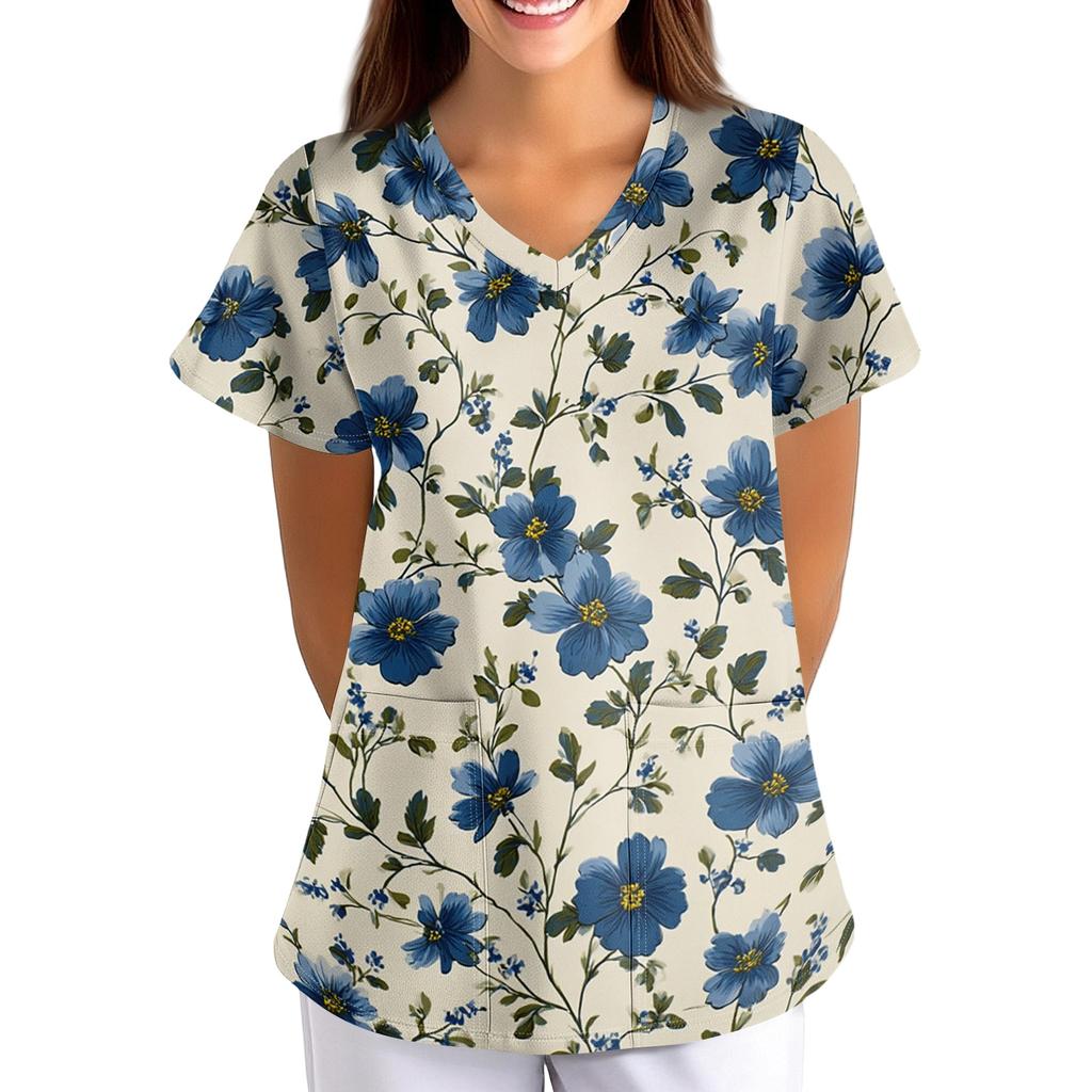 Women's Floral Print Loose Fit V Neck Short Sleeve Medical Scrub Top with Pockets for Healthcare Professionals Lightweight Breathable Fabric
