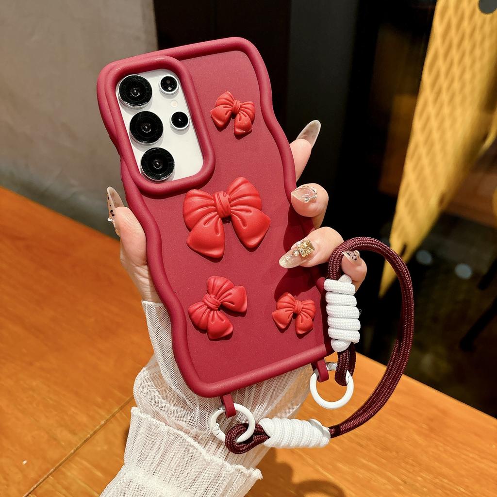 Samsung S25ultra Mobile Phone Case with Large Waves Cute Bow S24plus Integrated Lanyard Hole
