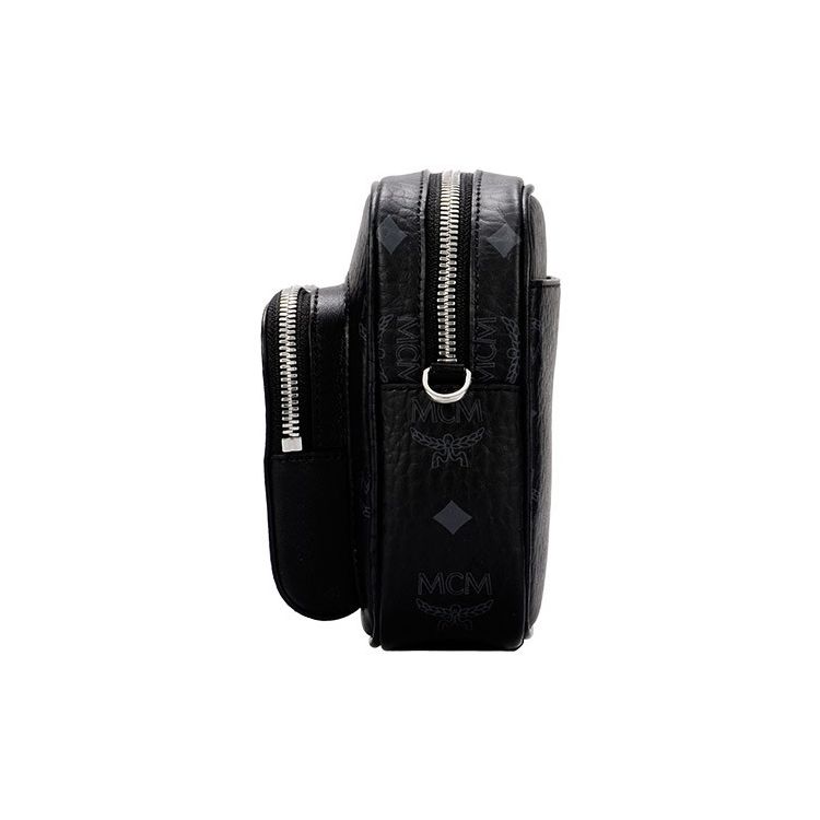 MCM Black Visetos Monogram Crossbody Camera Bag with Silver Logo Plate & Webbing Strap for Daily & Travel Use