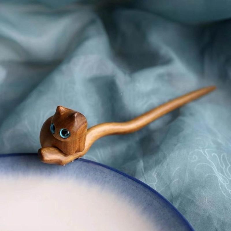Antike Katze Haarnadel Chinesischer Stil Haarstab Holz Haarnadelstab zum Fotografieren Haarstyling-Accessoire Kopfschmuck