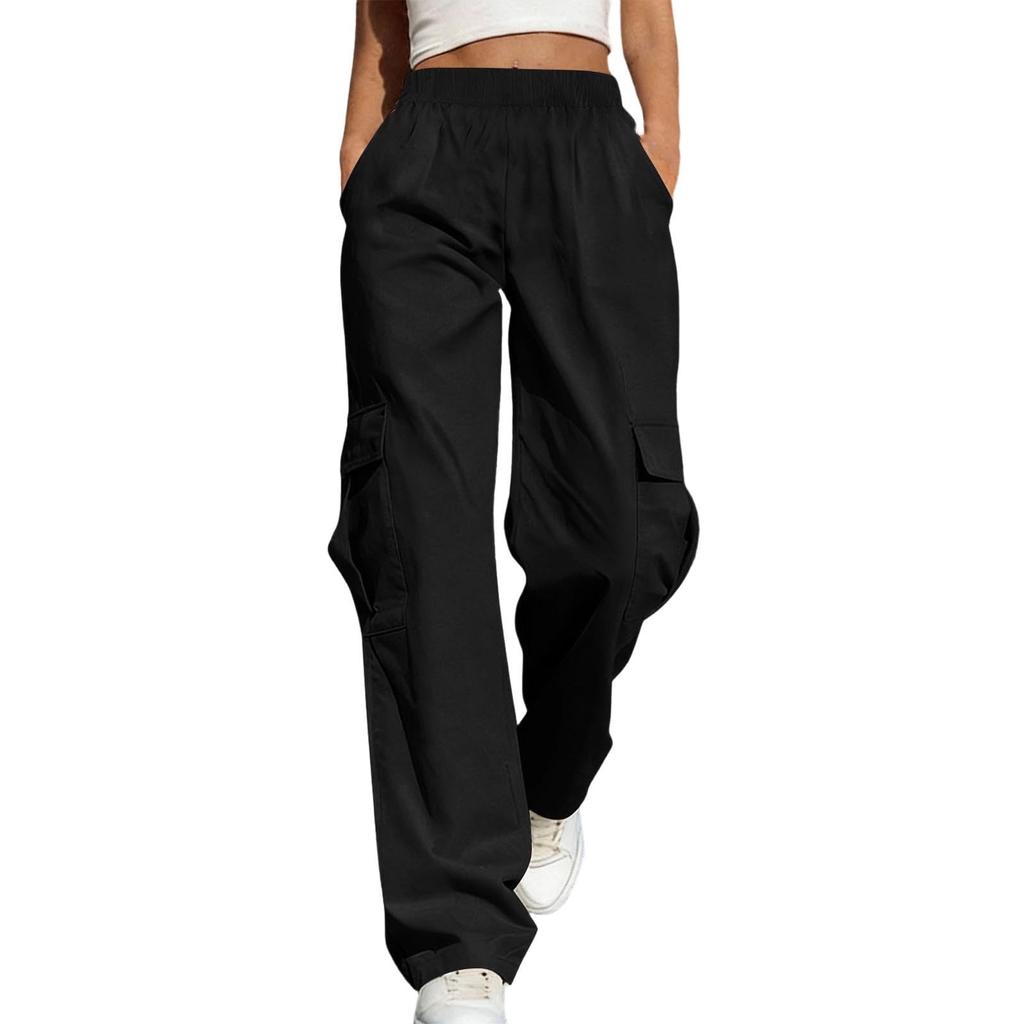 Women's Casual -Color Workwear Pants With Multiple Pockets And Wide Legs