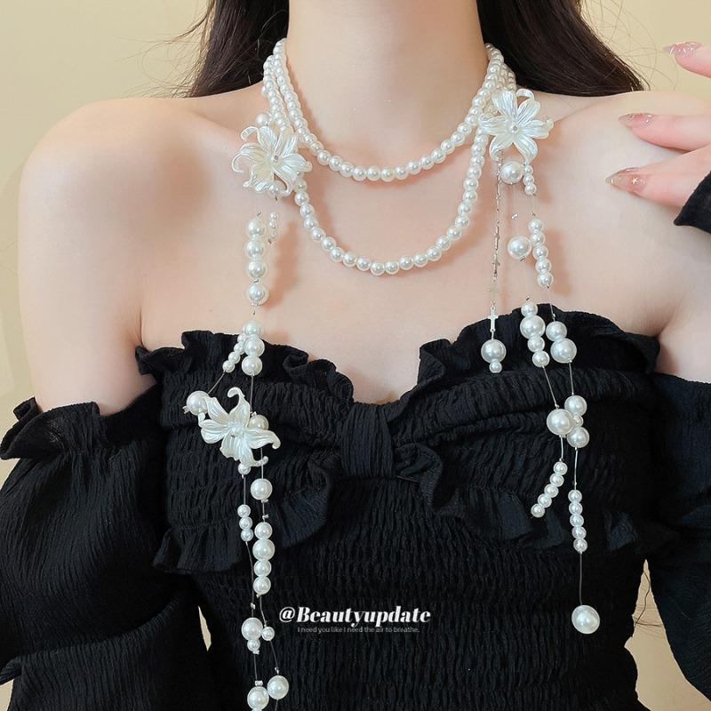 French light luxury flower fringed pearl necklace women's niche design sense long clavicle chain high sense sweater chain women