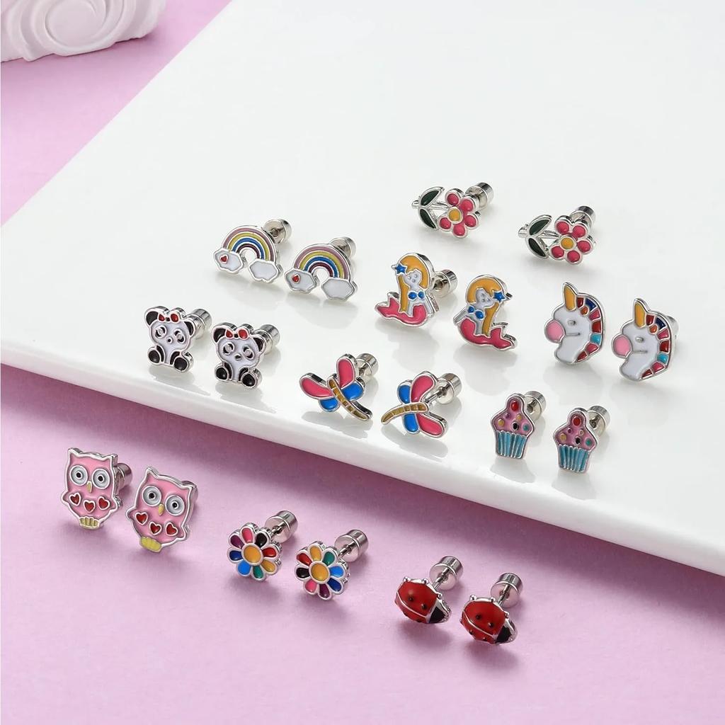 Bobisty 3 Pairs Stainless Steel Screw Back Earrings for Women CZ Heart Butterfly Ball Earrings Cat Rainbow Stud Earrings Set