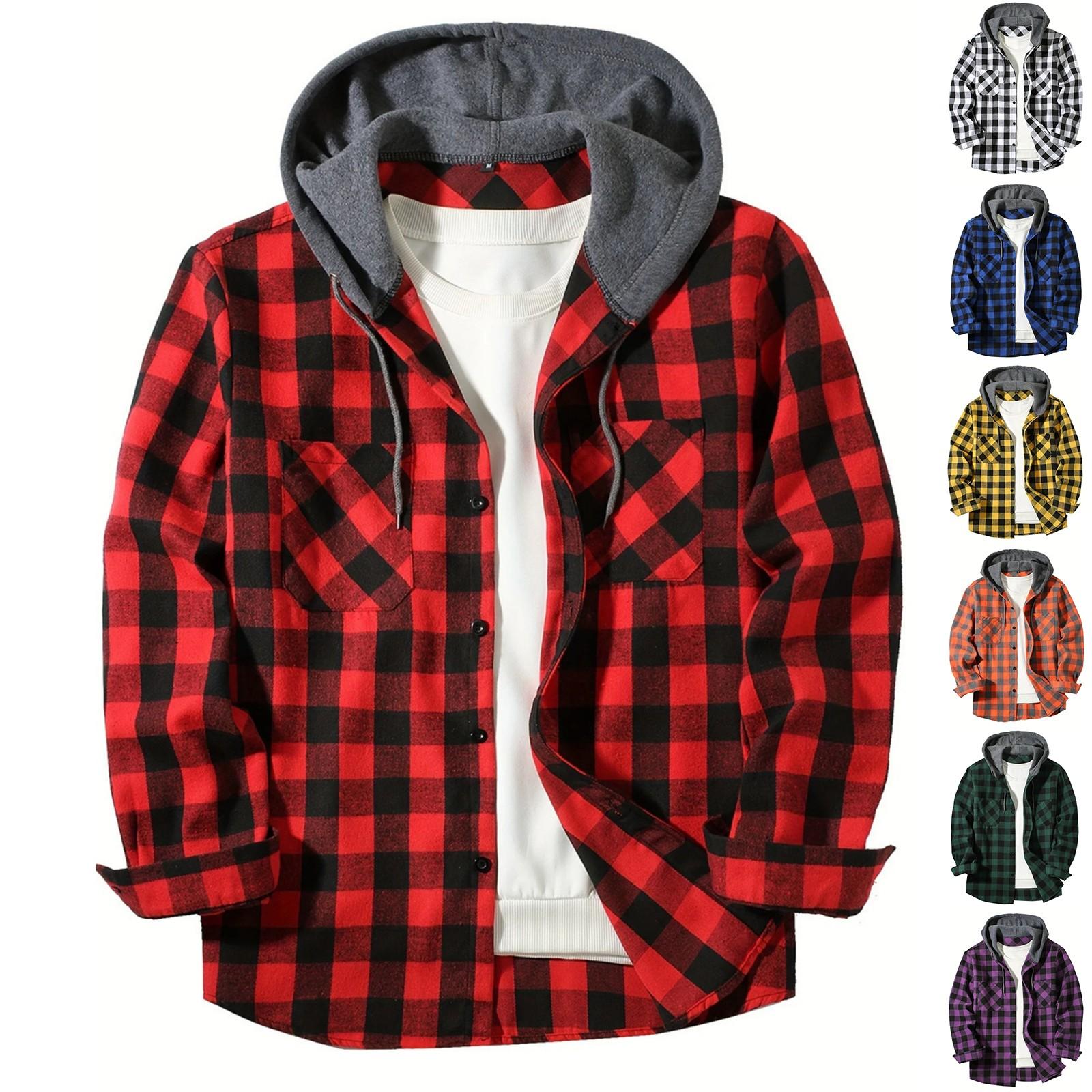 

Men s Casual Long-Sleeve Loose-Fit Hooded Plaid Pocketed Shirt XXL синій