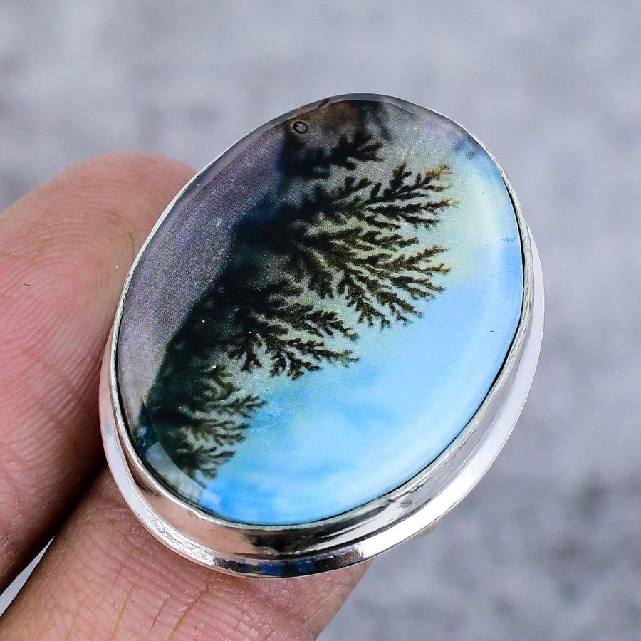 Natural Dendrite Opal Gemstone 925 Sterling Silver Jewelry Ring Size 9 Z5y19