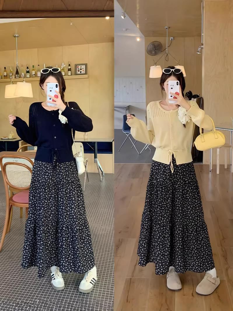 2026 Spring Plus Size Elegant Knit Cardigan & Floral Skirt Set, Korean Style M