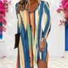 Women Plus Size V Neck Long Sleeve Blue Green Printed A Line Dress