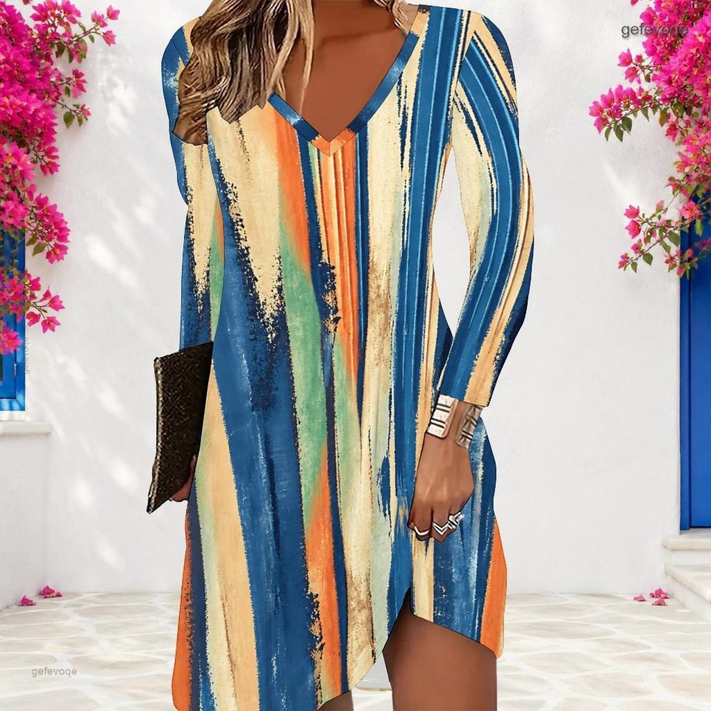 Women Plus Size V Neck Long Sleeve Blue Green Printed A Line Dress
