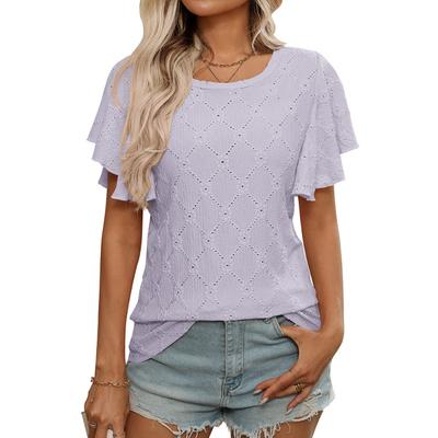 Nowy letni damski T-shirt z kwiatowymi ażurowymi rękawami w kształcie liści lotosu i casualowymi topami