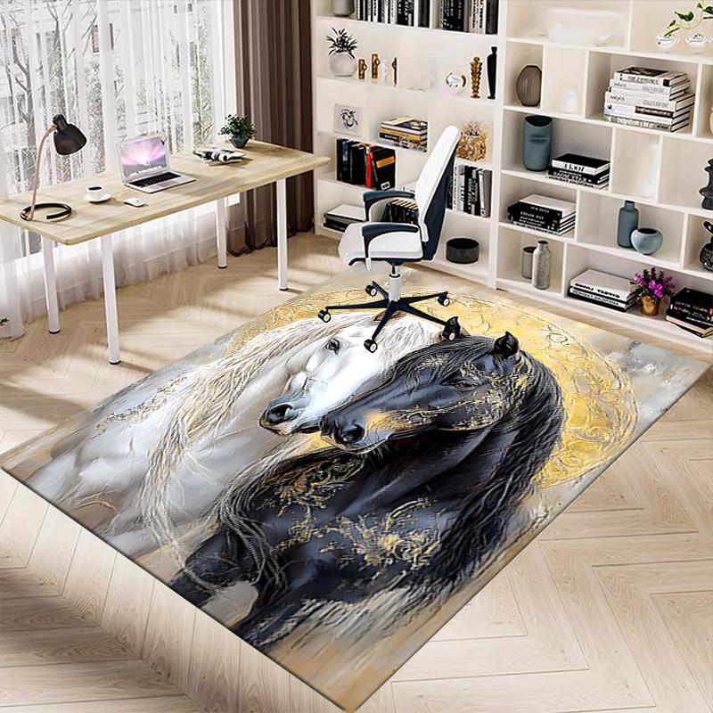1PC White Horse Black Horse Non-Slip Floor Carpet Compatible for Office&Living Room&Dining room - Flat-Weave Machine- Soft & Pattern-E263