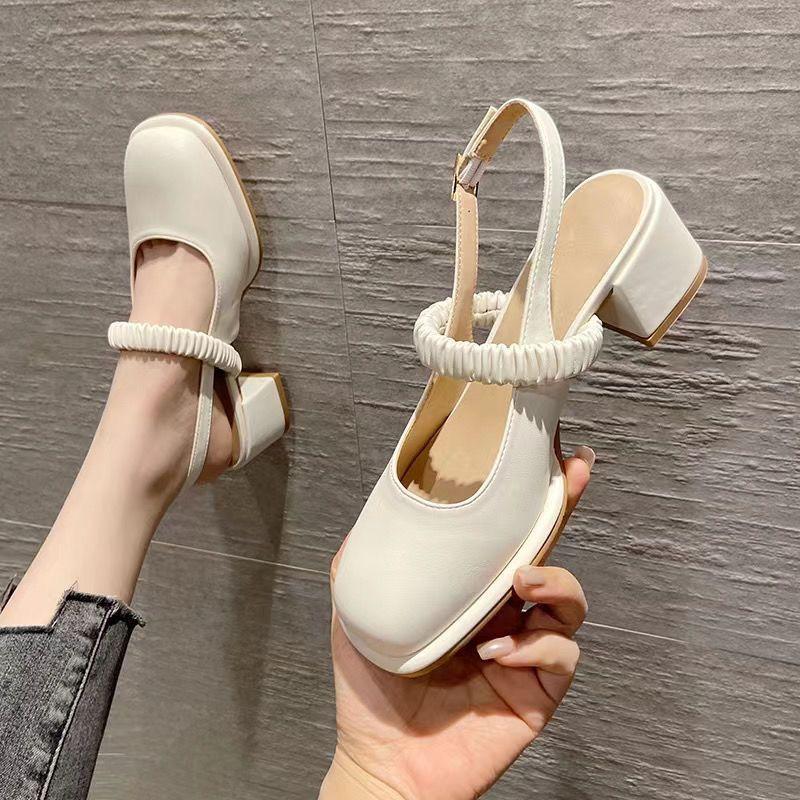 Summer solid color Baihan version with foot cover heightening skirt round head high heel small leather shoes women's shoes single shoes