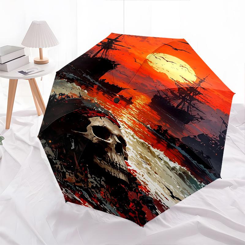 Pirate Sunset Themed Automatic Opening and Closing Umbrella, Brightly Colored 8 rib Portable Umbrella, Suitable for Men and Women, A Perfect