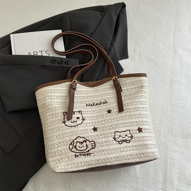 Woven Fashionable Large-capacity Cat Embroidery Tote Bag, New Trendy Foreign Style, Casual Commuting Temperament, Simple Beach Bag