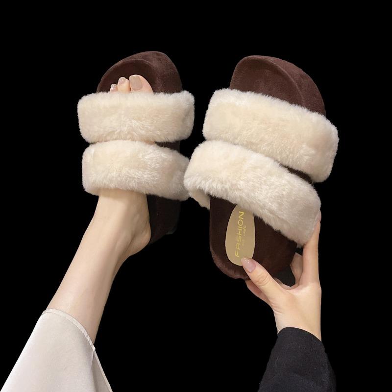 Women's Fashion Slippers Round Toe Platform Sole High Heels One-line Cotton Slippers Outdoor Fashion All-match Fleece Slippers