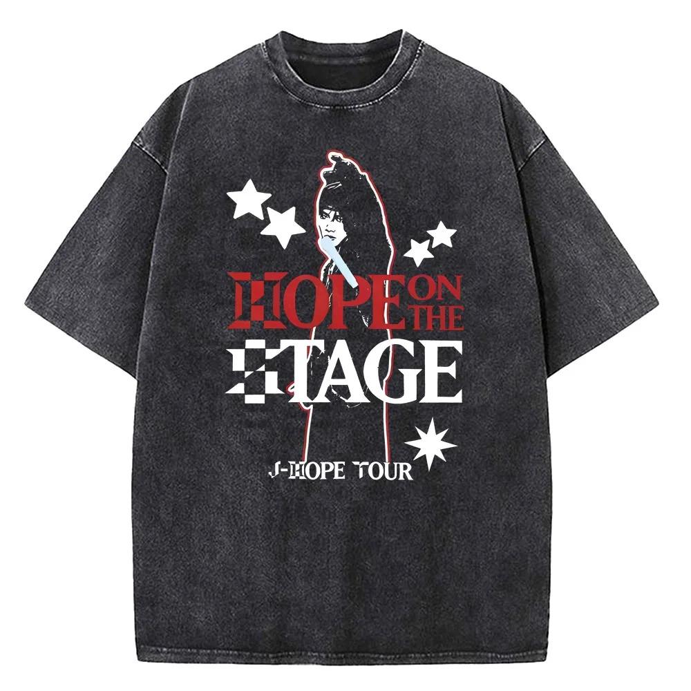 Vintage Washed JHope Hope on The Stage Tour T Shirt Summer Korean Funny T Shirts 2024 Cotton Harajuku Tee Shirt Man Loose Tops