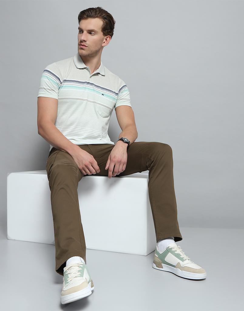 Monte Carlo Mens Striped Green Collar Neck Half Sleeve T-Shirt