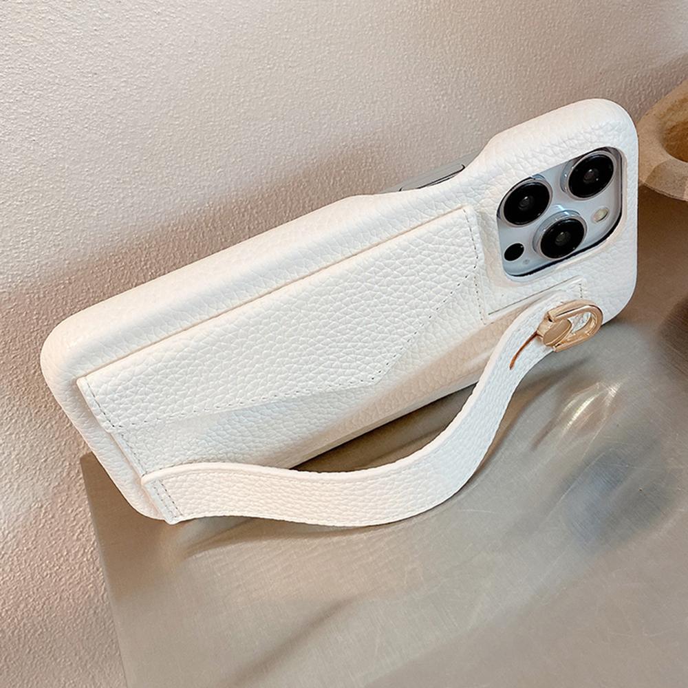 For iPhone 15 Pro Case with Card Slot Wristband Kickstand PU Leather+PET Phone Cover