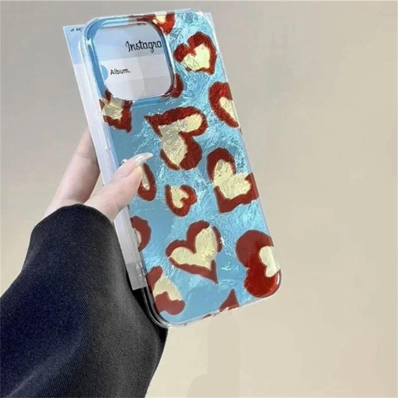 Blue Brown Heart-shaped Leopard Pattern Phone Case for IPhone 11 12 13 14 15 16 Pro Max X XR 7 8 Plus Soft Edge Shockproof Cover