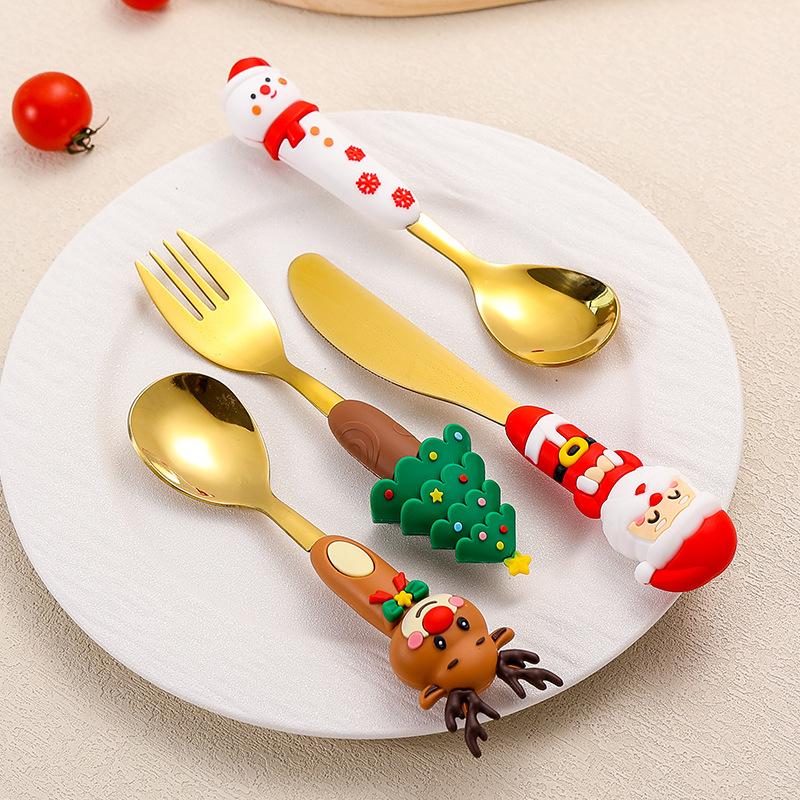 4 Stück Weihnachtsgabel und Löffel Set Besteck Edelstahl Kreatives Tafelgeschirr Kaffee Tee Dessert Geschenkset