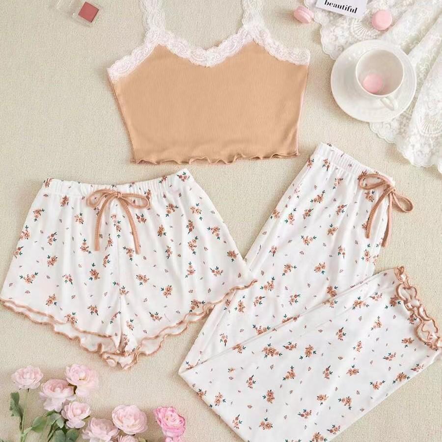 Women's Ribbed Lace Camisole & Pants Pajama Set - 3-Piece Cross-Border European & American Style