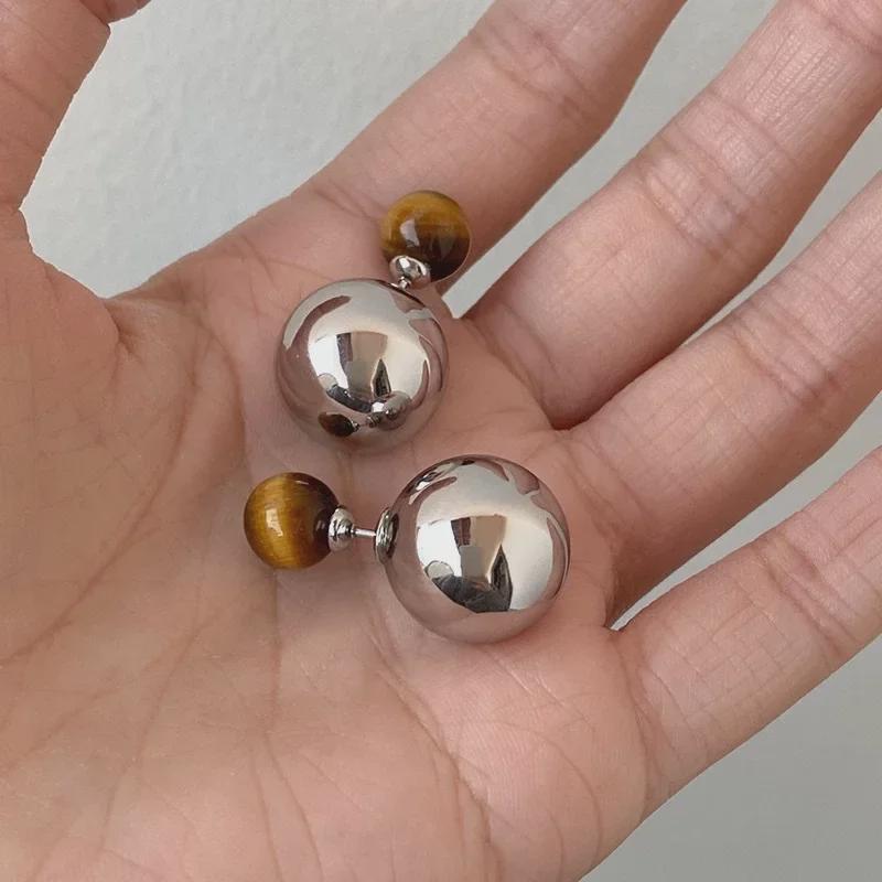 Autumn/Winter S925 Silver Tiger Eye Textured Ball Earrings