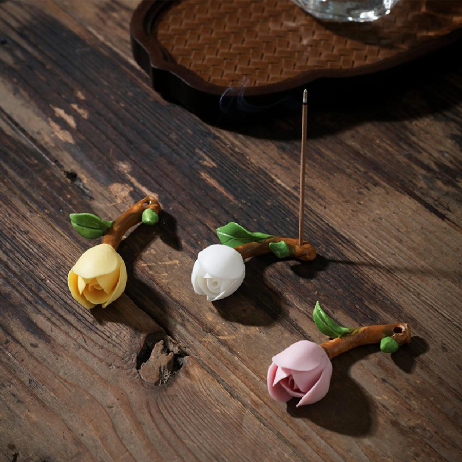 Portaincenso a forma di bocciolo di magnolia in ceramica fatto a mano, bruciaincenso per cerimonia del tè, decorazione floreale simulata da interno Zen