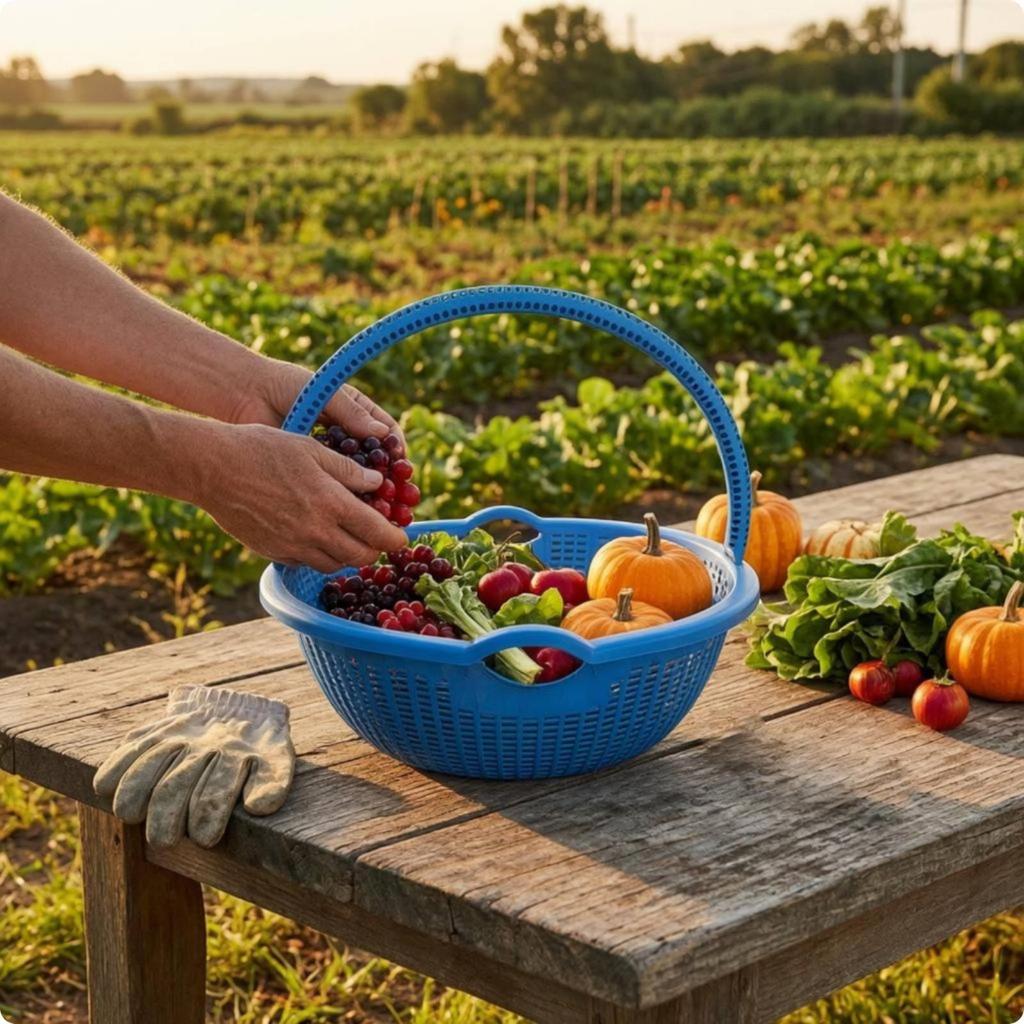 FruitPicking Basket Perforated Fruit Picking Outdoor Gear Carrying Handle Wide Opening Blue M